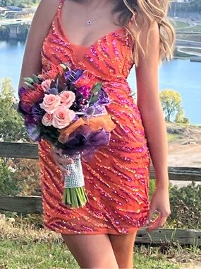 Homecoming Dress Strappy Orange Sequin Mini Dress with Pink Embellishments